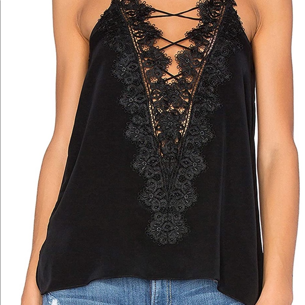 Black Lace-Trim Spaghetti Strap Tank Top - Picture 2 of 4